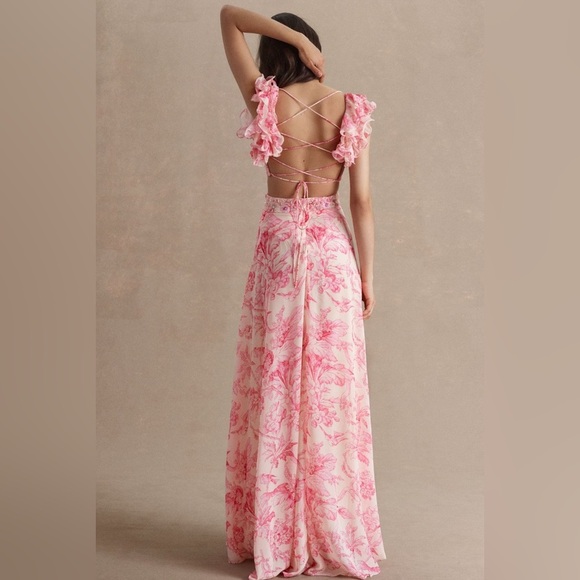Mac Duggal Anthropologie Floral Printed Ruffle Shoulder Lace Up Gown size 2 - Picture 3 of 17